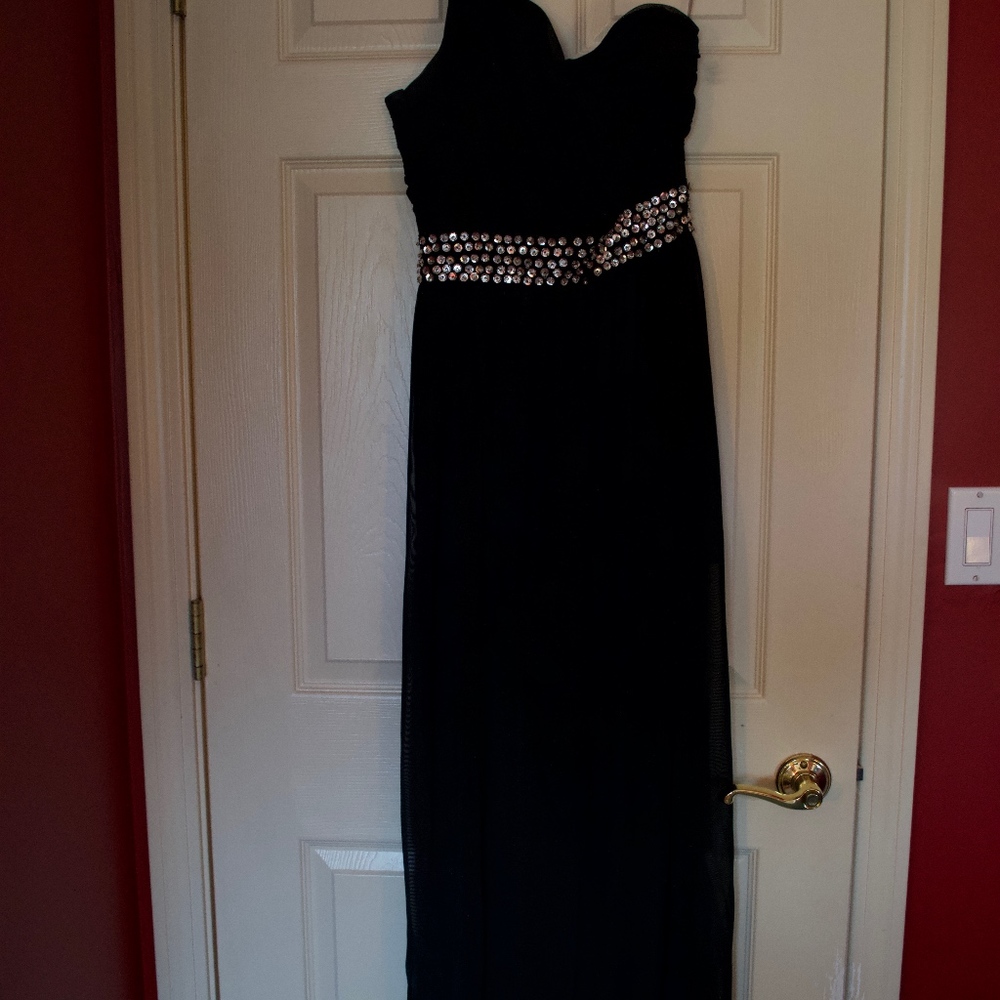 black maxi dress, one shoulder, see-thru bottom